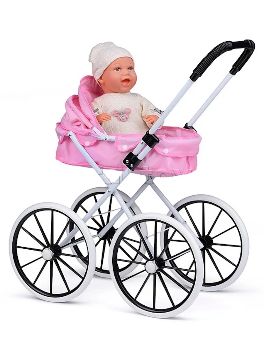 Carucioare papusi si accesorii - Carucior  Landou Metalic  si Pliabil  cu Roti Mari pentru Papusi  , Culoare roz, 54x63x32cm