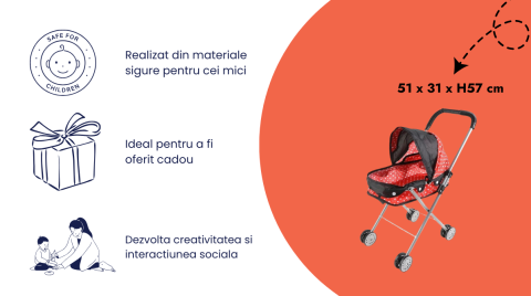 Carucior Landou pentru Papusi, Cadru Metalic, Pliabil, Copertina Reglabila , Roti Duble, 51 x 31 x H57 Cm, Rosu cu Negru [4]
