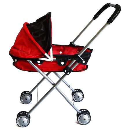 Carucioare papusi si accesorii - Carucior Landou pentru Papusi, Cadru Metalic, Pliabil, Copertina Reglabila , Roti Duble, 51 x 31 x H57 Cm, Rosu cu Negru
