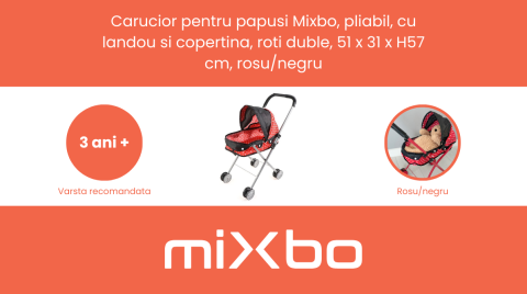Carucior Landou pentru Papusi, Cadru Metalic, Pliabil, Copertina Reglabila , Roti Duble, 51 x 31 x H57 Cm, Rosu cu Negru [2]