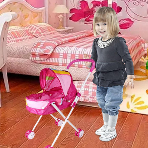 Carucior Landou pentru Papusi Hello Doll cu Cadru Metalic si Roti  Eva, Roz cu Dungi [5]