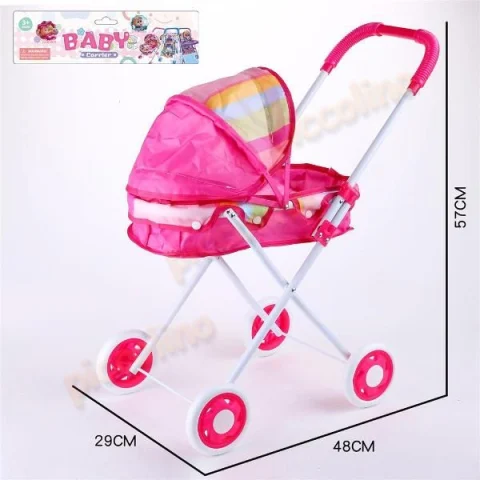 Carucior Landou pentru Papusi Hello Doll cu Cadru Metalic si Roti  Eva, Roz cu Dungi [6]