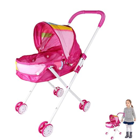 Carucior Landou pentru Papusi Hello Doll cu Cadru Metalic si Roti  Eva, Roz cu Dungi [3]