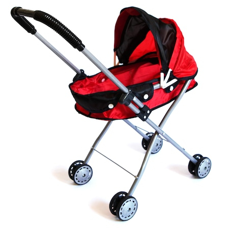 Carucioare papusi si accesorii - Carucior Landou  pentru  Papusi, Cadru Metalic, Pliabil cu Copertina Ajustabila - Rosu cu Negru
