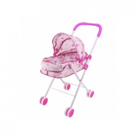 Carucior Landou cu Bare Metalice si Copertina pentru Papusi , Pliabil cu Roti duble pentru Interior sau Exterior , Dimensiuni 51 x 31 x H57 cm, Culoare Roz [11]