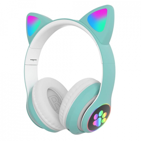 Casti Bluetooth Wireless Pliabile  pentru Copii cu Microfon Incorporat, Radio FM , MicroSD, Intrare USB- Design Urechi de Pisica Iluminate Led, Model Labute - Set  Turcoaz [1]