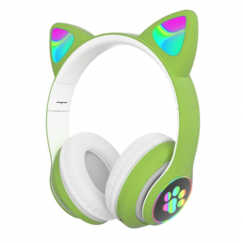 Casti Bluetooth pentru Copii  Design  Urechi de Pisica Iluminate Led, Model Labute  Set  Verde [1]