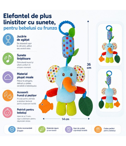 Jucarii interactive bebelusi - Elefantel Moale de Plus pentru Bebelusi cu Sunete si Accesorii pentru Dentitie ,, Dear Friends'' Inel de Agatare pentru Patut , Carucior sau Tricicleta,    3 Luni +