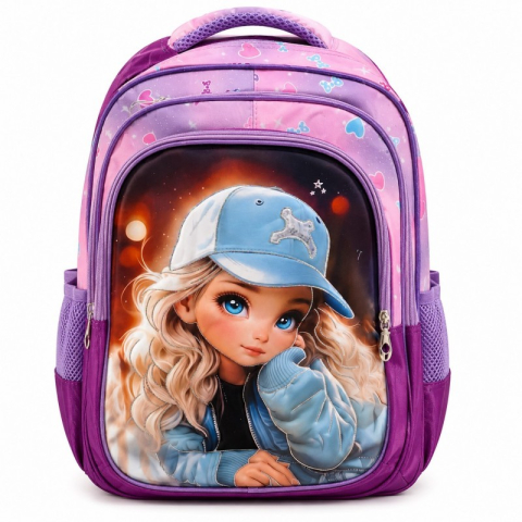 Gaming, Carti & Birotica - Ghiozdan Scolar Multifunctional  - Model Fetita cu Sapca Albastra -  Dimensiuni  41*32*12cm