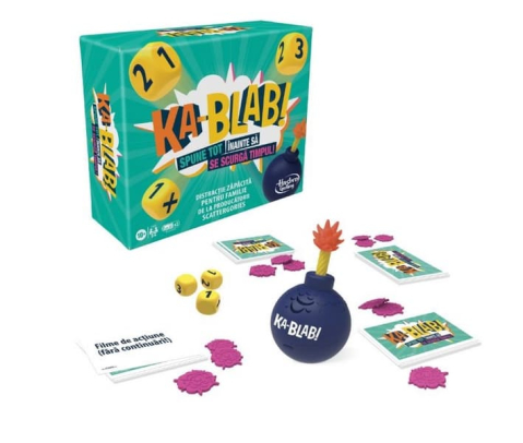 Joc de societate Ka-Blab! spune tot inainte sa se scurga tipul; in lb. romana; continut: cronometru ( 2baterii AAA neincluse); 3zaruri; 200carti de joc; 18jetoane; varta min. 10+ani [1]