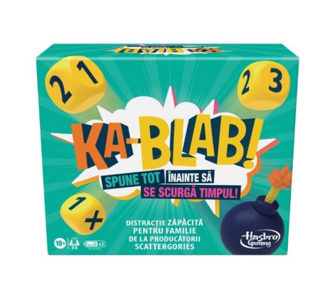Joc de societate Ka-Blab! spune tot inainte sa se scurga tipul; in lb. romana; continut: cronometru ( 2baterii AAA neincluse); 3zaruri; 200carti de joc; 18jetoane; varta min. 10+ani [4]