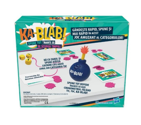 Jucarii in Reclama TV - Joc de societate Ka-Blab! spune tot inainte sa se scurga tipul; in lb. romana; continut: cronometru ( 2baterii AAA neincluse); 3zaruri; 200carti de joc; 18jetoane; varta min. 10+ani