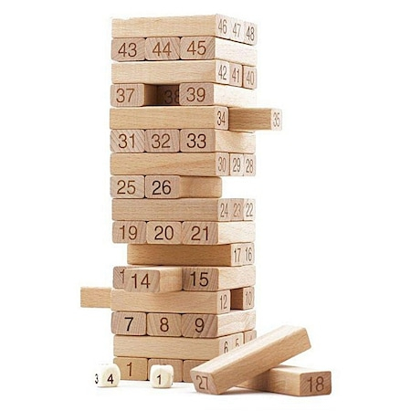 Jocuri de societate - Joc Jenga din lemn cu 4 zaruri 23.5 x 7.5 cm
