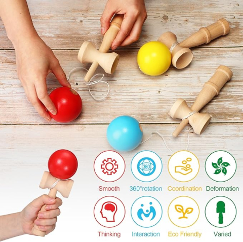 Jucarie Interactiva Kendama X Profesionala din Lemn, Rubber Grip, 18 CM , Diverse Culori [3]