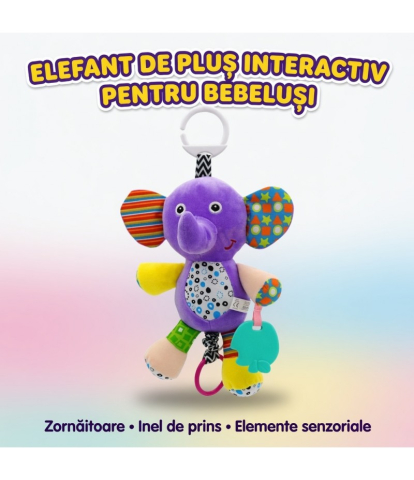Jucarii pentru carucioare si patut - Jucarie Interactiva Muzicala pentru Bebelusi - Elefant  de Plus cu Agatatoare, Zornaitoare si Accesorii Dentitie, Jucarie Interactiva Suspendata Pentru Carucior , Patut , Tricicleta  etc