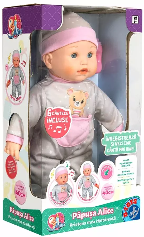 Jucarii interactive bebelusi - Jucarie Interactiva  pentru Copii , Papusa  Bebelus Alice - 6 Cantecele in Limba Romana ,  Functie de Inregistrare Voce  Inclusa , Dimensiune Bebelus 40 Cm