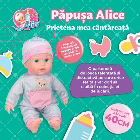 Jucarii interactive bebelusi - Jucarie Interactiva  pentru Copii , Papusa  Bebelus Alice - 6 Cantecele in Limba Romana ,  Functie de Inregistrare Voce  Inclusa , Dimensiune Bebelus 40 Cm