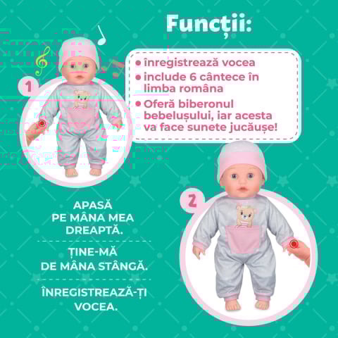 Jucarie Interactiva  pentru Copii , Papusa  Bebelus Alice - 6 Cantecele in Limba Romana ,  Functie de Inregistrare Voce  Inclusa , Dimensiune Bebelus 40 Cm [1]