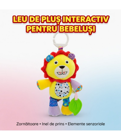 Jucarii interactive bebelusi - Jucarie Muzicala  Interactiva Suspendata pentru Bebelusi , Ideala pentru prindere la Carucior , Patut Tricicleta  - Leu Din Plus, Clema De Prindere, Zornaitoare si Element pentru Dentitie, Companion Colorat Pentru Joaca, Explorare Si Distractie