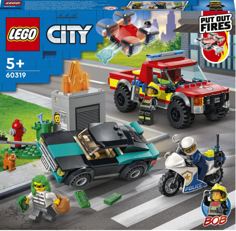 Set joaca doctor - LEGO® City - Stingere de Incendiu si Urmarire cu Motocicleta de Politie , 295 piese -  COD 60319
