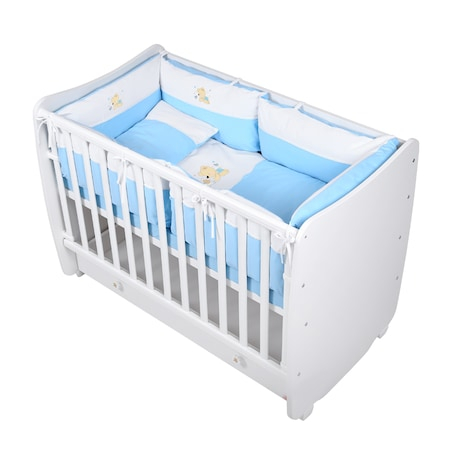 Lenjerie patut Lorelli Classic Jersey, 15 piese, cu broderie, 60 x 120 cm, Ratuste, Alb/Bleu [0]