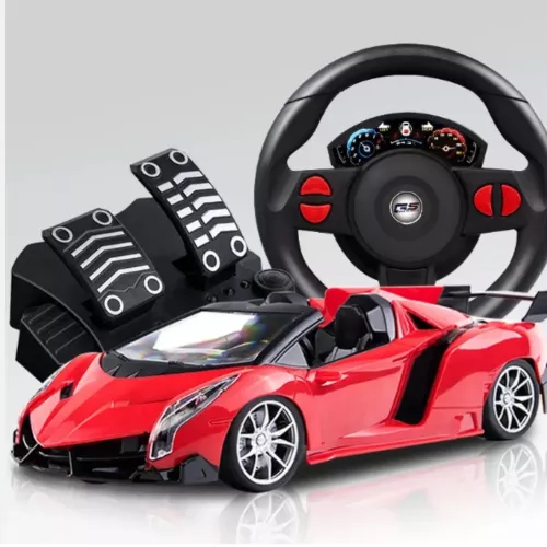 Masinute - Masina cu Telecomanda tip Volan si Pedale cu Acceleratie  , Scara 1:16, Lumini LED, Design Supercar,  Dimensiune Set   43cm L x 32cm I x 9 cm l  - Masinuta  Rosie
