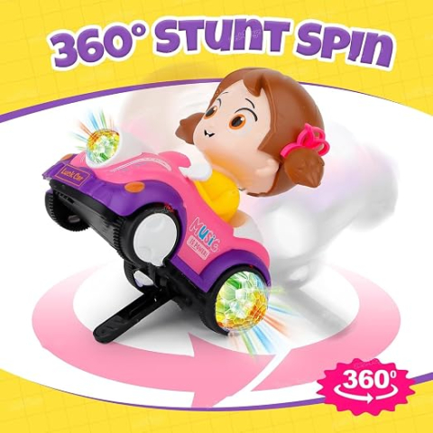 Mașină de Cascadorie Muzicală pentru Fetite, Lumini Intermitente 5D, Rotație la 360 de Grade, Bump Go, Electrică, Alimentată cu Baterii [2]