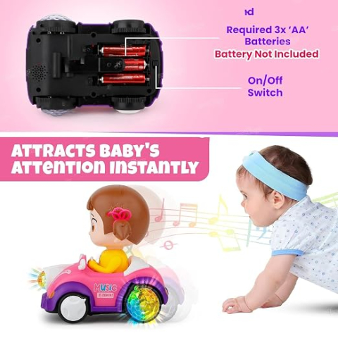 Mașină de Cascadorie Muzicală pentru Fetite, Lumini Intermitente 5D, Rotație la 360 de Grade, Bump Go, Electrică, Alimentată cu Baterii [3]