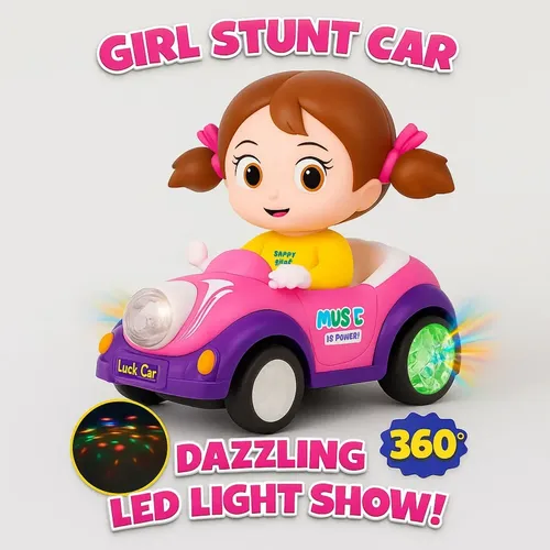 Masinute - Mașină de Cascadorie Muzicală pentru Fetite, Lumini Intermitente 5D, Rotație la 360 de Grade, Bump Go, Electrică, Alimentată cu Baterii