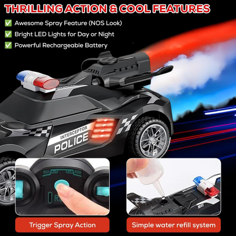 Masina de Politie  de Drift Turbo - Stunt Spray Car Police cu Radiocomanda si Efect de Fum SpeedX  , Scala 1:20  ,  Culoare Neagra [1]