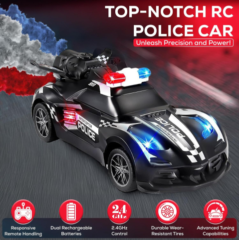 Masina de Politie  de Drift Turbo - Stunt Spray Car Police cu Radiocomanda si Efect de Fum SpeedX  , Scala 1:20  ,  Culoare Neagra [5]