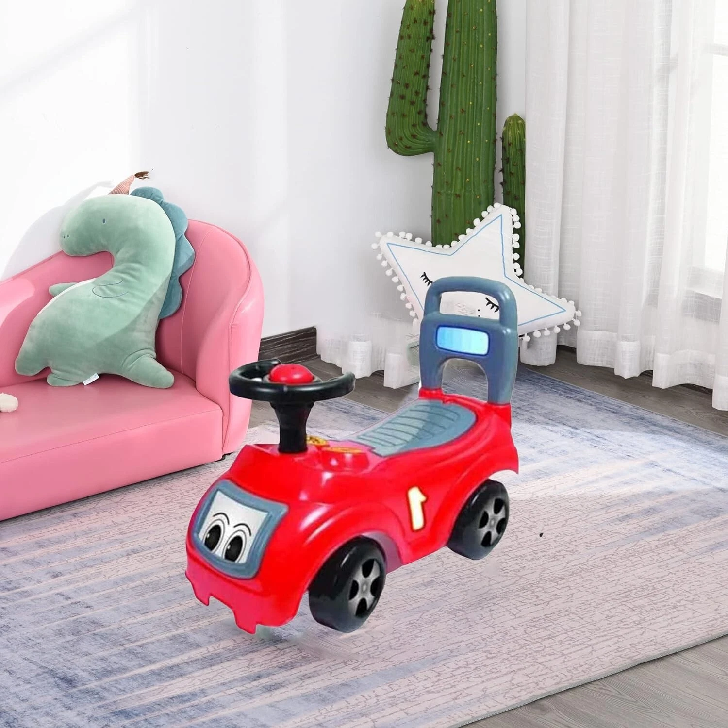 Masinuta tip Premergator pentru Bebelusi cu Volan si Spatiu de Depozitare, Spatar Inalt - Model Formula 1  - Rosu cu Negru [5]