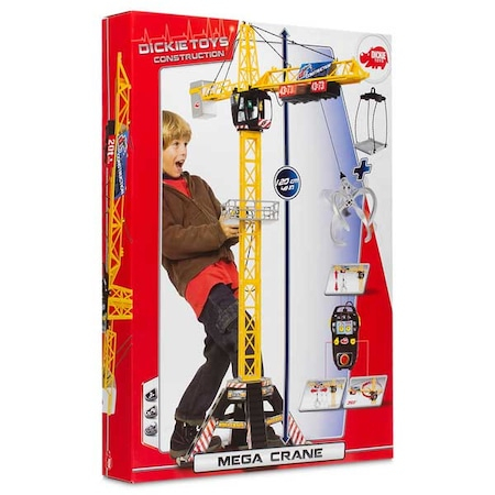 Utilaje constructie de jucarie - Descriere Macara Dickie Toys, cu telecomanda, 120 cm inaltime            Dickie Toys – Mega Crane (120 cm) – Macara de jucarie foarte mare, cu telecomanda, troliu cu cablu, brat de prindere, se roteste la 360°.     Aceasta macara XXL are o cabina deschisa pentru sofer, cu spatiu pentru o figurina de jucarie. Cu o inaltime de 1.2 metri, macaraua are un design impunator, atragator, care este garantat sa fie punctul culminant al oricarei gropi cu nisip sau dormitor pentru copii! Cu telecomanda intuitiva cu 4 butoane, copiii pot controla macaraua, bratul de prindere, troliul cu cablu si caruciorul pentru a muta masini mici, blocuri de constructie sau jucarii dragalase.     Mega Crane poate fi echipata cu bratul de prindere sau suportul de incarcare furnizat pentru a transporta diferite obiecte – exact ca pe un santier real!       Ambalajul ecologic ofera o experienta distractiva de despachetare si creeaza deseuri minime. De asemenea, ofera o protectie optima impotriva daunelor in timpul transportului.  Mega Macara Dickie Toys de 120 cm – un must-have pentru tinerii constructori in devenire!     Copiii mici sunt fascinati de santierele de constructii – multi copii viseaza sa devina constructor sau sofer de macara. Aceasta macara de jucarie plina de caracteristici este modalitatea perfecta de a introduce tinerii constructori in devenire in lumea constructiilor. Vine cu doua accesorii diferite, care pot fi folosite pentru a transforma macaraua in cativa pasi simpli pentru a transporta obiecte mai mari. Suportul de incarcatura este proiectat pentru obiecte grele si voluminoase, in timp ce bratul de prindere poate fi folosit pentru a ridica obiecte mai mici.     Dickie Mega Crane poate fi folosita in timp ce stati jos sau in picioare. in partea de sus a macaralei exista o cabina a soferului cu spatiu pentru o figurina de jucarie (disponibila separat), in timp ce telecomanda va permite sa ridicati diferite obiecte si sa le transportati de la A la B – posibilitatile sunt nelimitate!     Telecomanda (necesita 6 baterii AA de 1,5 V, neincluse) ofera numeroase functii diferite pentru controlul macaralei.     Micutul tau va invata rapid ce obiecte pot fi ridicate cu bratul de prindere si cand sa foloseasca suportul mare de incarcare. Procedand astfel, ei vor invata despre proportii si principiile mecanice simple.   Specificatii Caracteristici generale  Control	Telecomanda Set	Nu Varsta	4 ani 5 ani 6 ani 7 ani 8 ani Material	Plastic Abilitati dezvoltate	Coordonarea Concentrarea Identificare Explorare Cunoastere Poveste/Personaj	Alte personaje Culoare	Negru Galben Continut pachet	1 x Macara cu telecomanda Dimensiuni  Latime	120 cm Brand: Dickie toys