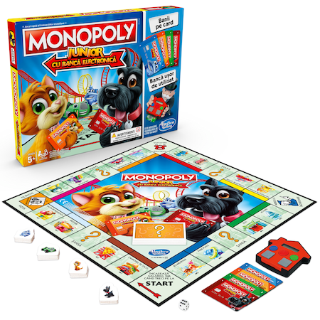 Jocuri de societate - Monopoly Junior Banca Electronica - Tehnologie Avansata Touch cu Cititor de Card Inclus,  Original Hasbro in Limba Romana