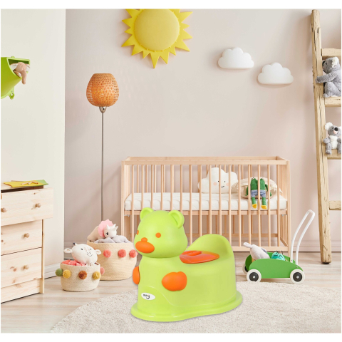 Olita Scaunel  pentru Bebelusi,  Vas Colector si Capac  Detasabil, Design Modern si Ergonomic - Model Ursulet  Verde cu Portocaliu [6]