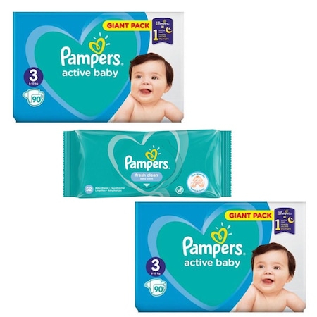 Scutece si chilotei - Pachet 2 x Scutece Pampers Active Baby nr. 3, 6-10 kg, 90 buc. + Servetele umede Pampers Fresh Clean, 1 x 52buc