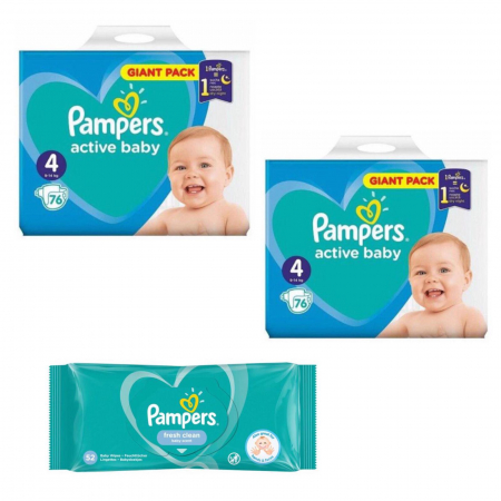 Scutece si chilotei - Pachet 2 x Scutece PAMPERS, Active Baby, nr.4, pentru copii 9 -14 kg, 76 buc + Servetele umede Pampers Fresh Clean, 1 x 52buc