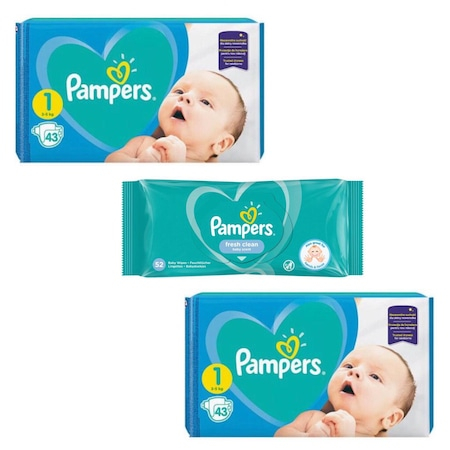 Scutece si chilotei - Pachet 2 x Scutece Pampers nr. 1, 2-5 kg, 43 buc. + Servetele umede Pampers Fresh Clean, 1 x 52buc