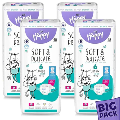 Scutece si chilotei - Pachet Promo : Scutece Pachet Lunar Plus  Bella Happy Soft & Delicate Junior Extra   15kg+  NR. 6   -  4 x 48 Buc * 192 Buc + 1 Pachet  Servetele Umede cu Capac   Baby Fin 120 Buc  Cadou