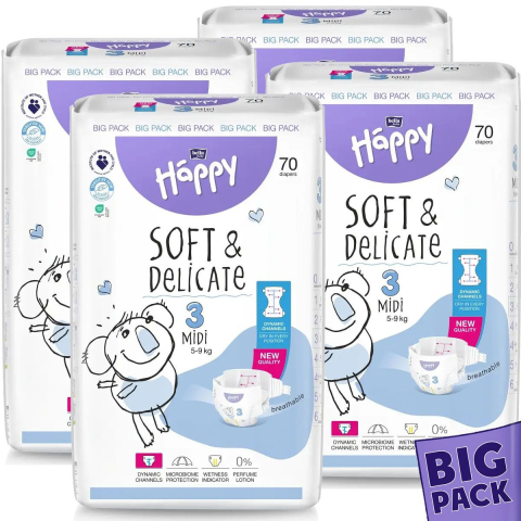 Jucarii, Copii & Bebe - Pachet Promo Big Pack : 4 x 70 Buc * 280 Buc Scutece Bella Happy Soft & Delicate MIDI NR. 3 + 1 Pachet Servetele Umede cu Capac Baby Fin 120 Buc Cadou