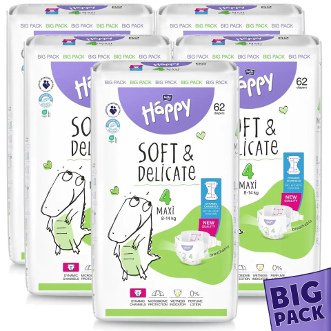 Jucarii, Copii & Bebe - Pachet Promo Big Pack : 5 x 62 Buc *310 Buc Scutece Bella Happy Soft & Delicate MAXI NR. 4 + 1 Pachet Servetele Umede cu Capac Baby Fin 120 Buc Cadou