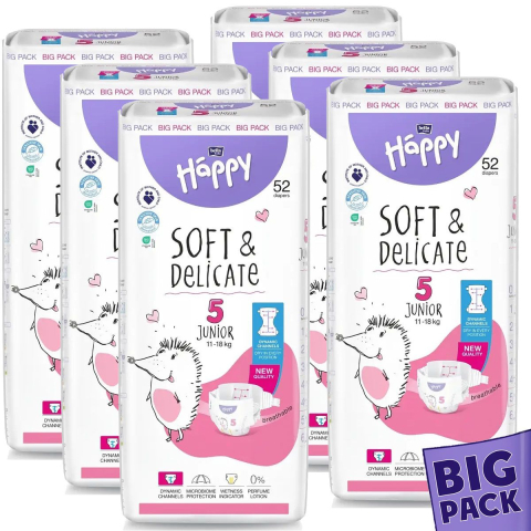 Scutece si chilotei - Pachet Promo Big Pack : 6 x 52 Buc *312 Buc Scutece Bella Happy Soft & Delicate JUNIOR NR. 5 + 1 Pachet Servetele Umede cu Capac Baby Fin 120 Buc Cadou