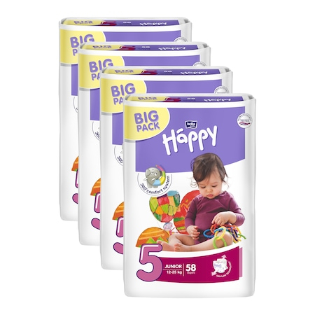 Scutece si chilotei - Pachet Promo: Scutece Happy Big Pack Junior, Marimea NR. 5, 12+ kg, 4 X 58* 232 bucati