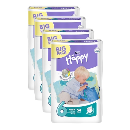 Scutece si chilotei - Pachet Promo: Scutece Happy Big Pack Junior Extra, Marimea NR. 6, 16+ kg, 4 X 54* 216 bucati