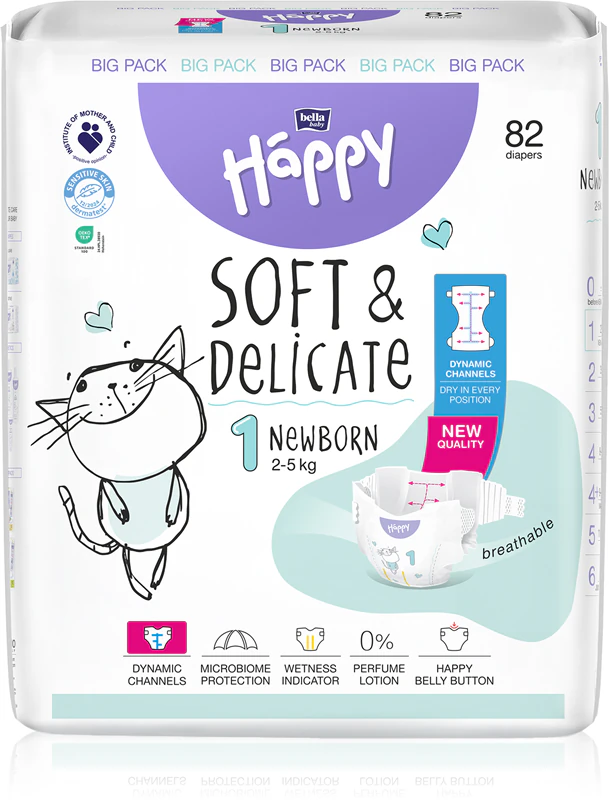 Scutece si chilotei - Pachet Promo : Scutece Happy New Baby  Soft & Delicate 2-5 kg Mini, Marimea 1  pentru Nou Nascuti, 82 bucati / Pachet
