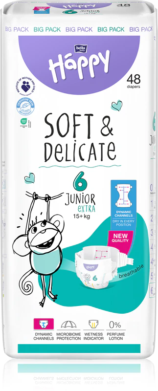 Scutece si chilotei - Pachet Promo : Scutece Happy New Soft & Delicate 15+ kg ,  Junior + Marimea 6, 48 Buc / Pachet