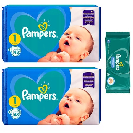 Scutece si chilotei - Pachet Scutece Pampers Active Baby Giant Pack, Nr. 1, 2-5 kg, 86 Buc si Servetele Pampers 52 Buc