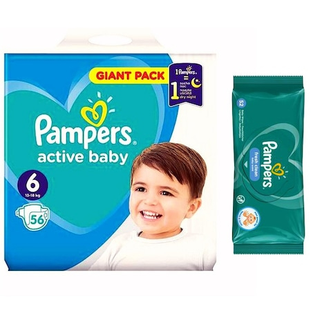 Scutece si chilotei - Pachet Scutece Pampers Active Baby Giant Pack, Nr. 6, 13-18 kg, 56 Buc si Servetele Pampers 52 Buc