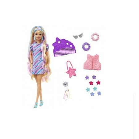 Jucarii & jocuri - Papusa Barbie cu par lung si accesorii, Totally Hair Stars - 15 Piese Suplimentare, inclusiv 8 agrafe de par cu schimbare de culoare, Accesorii pentru Coafare si o Moda Suplimentara