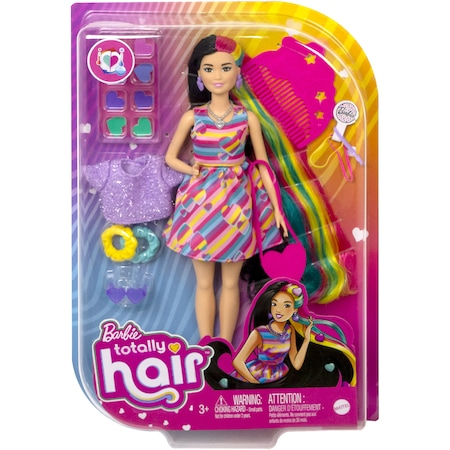 Jucarii & jocuri - Papusa Barbie Totally Hair,cu Multiple Accesorii, Par Ondulat Brunet - 15 Piese Suplimentare, inclusiv 8 agrafe de par cu schimbare de culoare, Accesorii pentru Coafare si o Moda Suplimentara.
